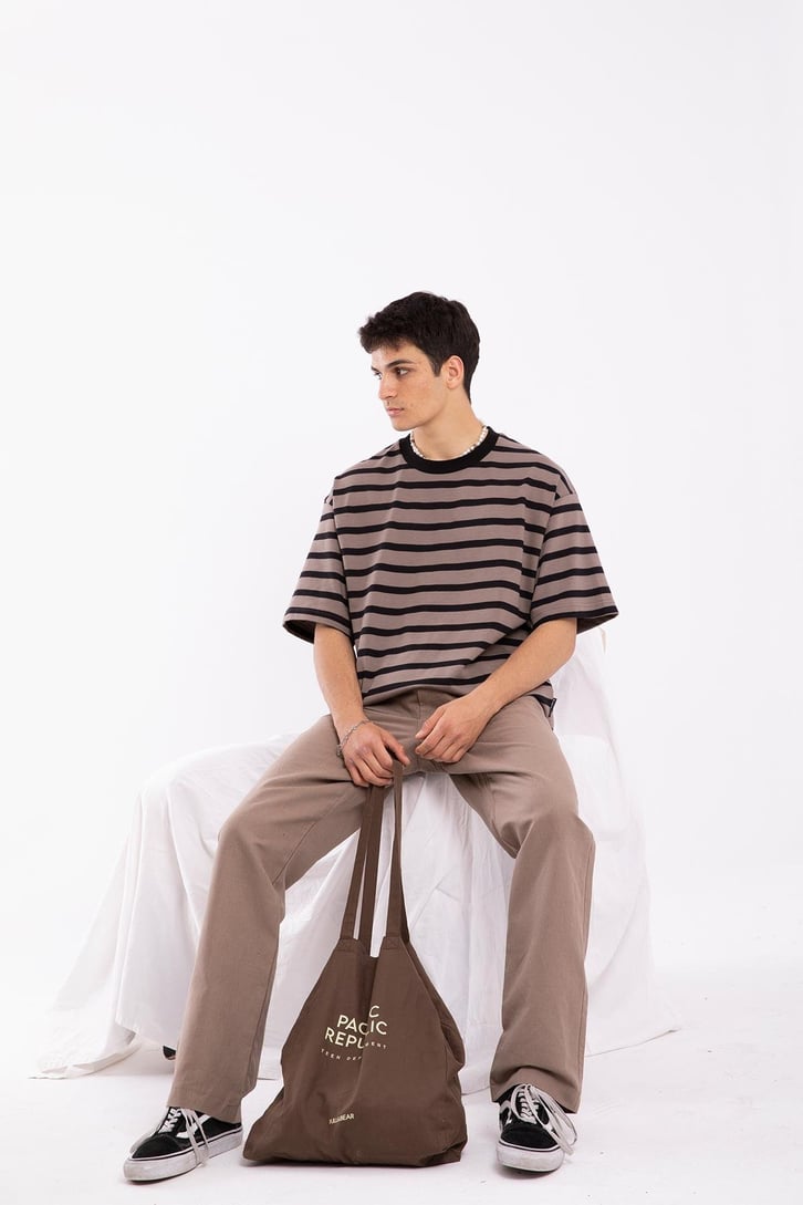 Basic Siyah Çizgili Vizon Oversize Tshirt