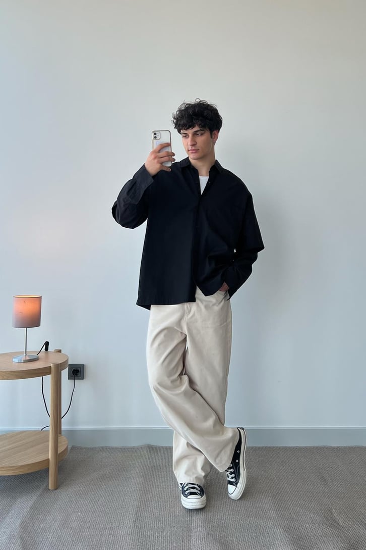Basic Siyah Kısa Kol Oversize Gömlek