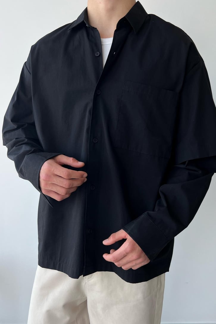 Basic Siyah Kısa Kol Oversize Gömlek