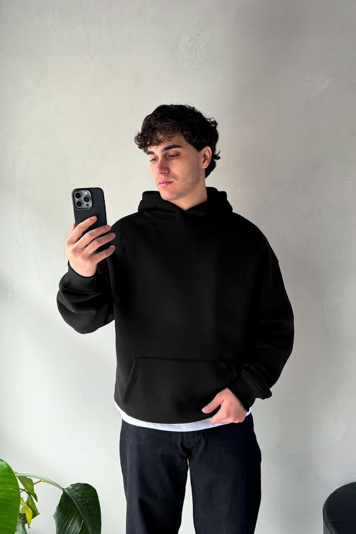 Basic Siyah Oversize Hoodie