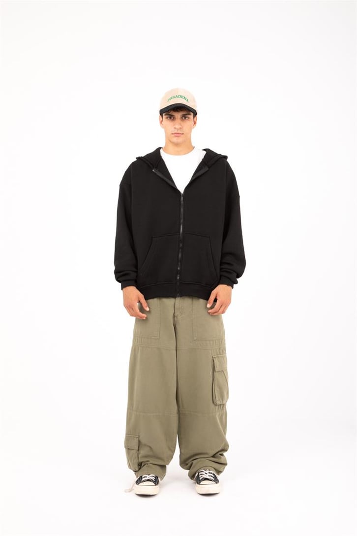 Basic Siyah Oversize Zip Hoodie