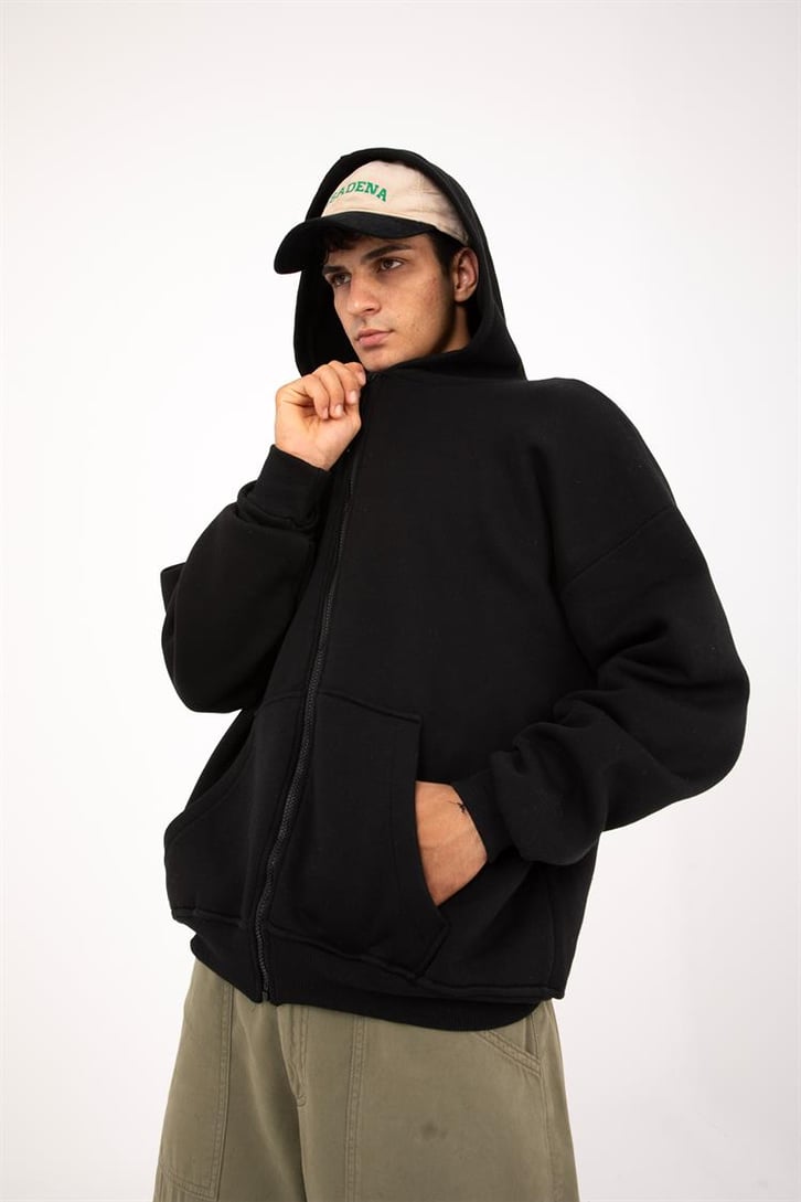 Basic Siyah Oversize Zip Hoodie