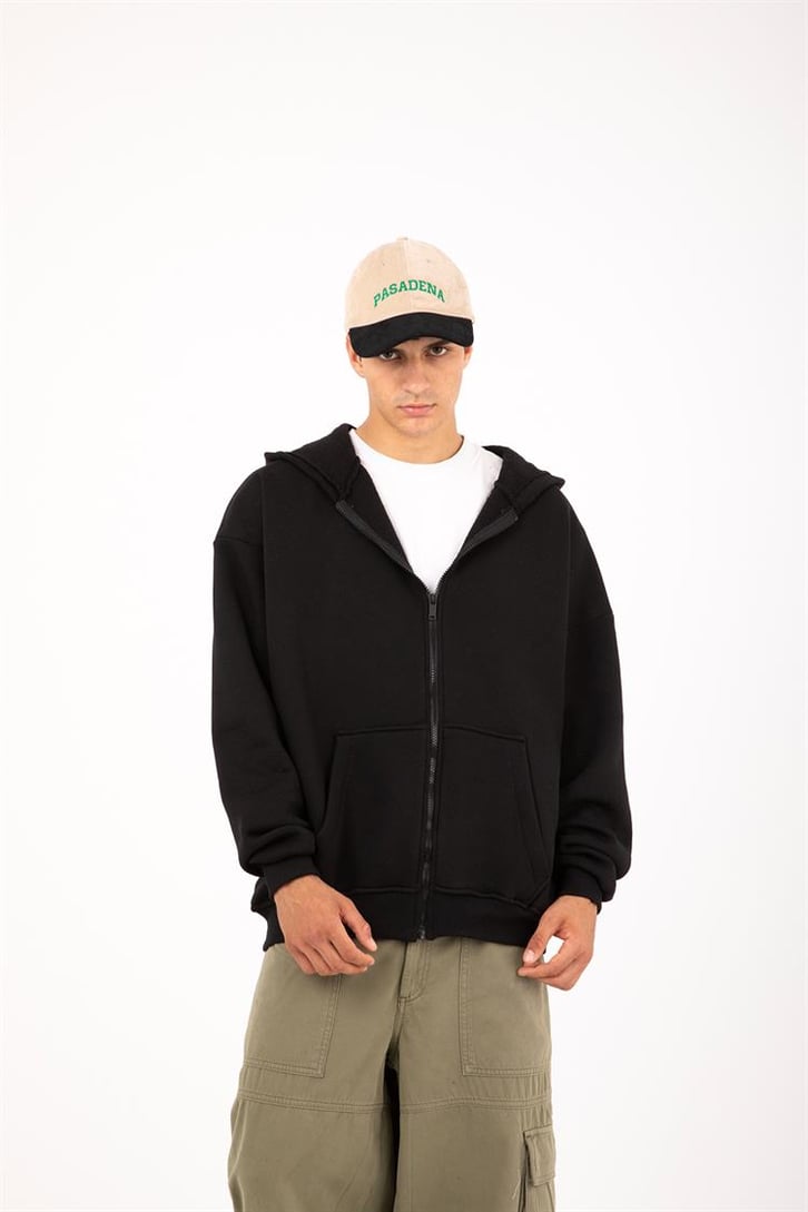 Basic Siyah Oversize Zip Hoodie