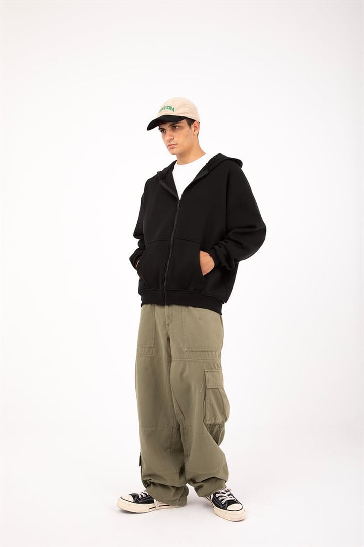 Basic Siyah Oversize Zip Hoodie