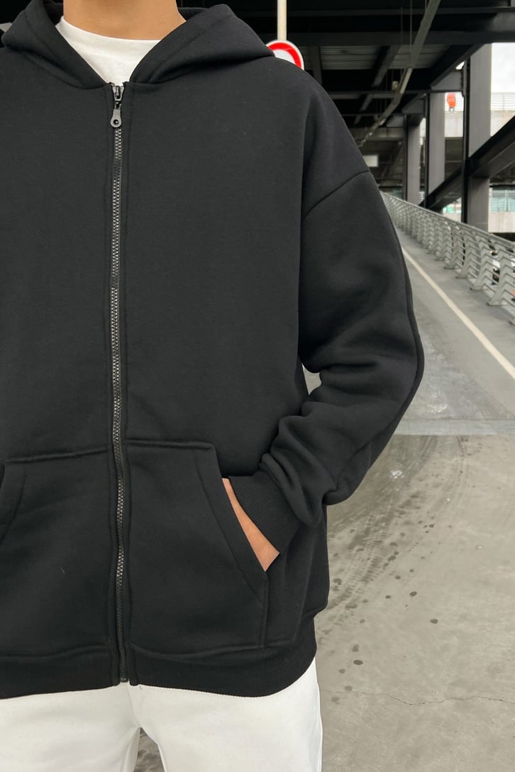 Basic Siyah Oversize Zipper Hoodie