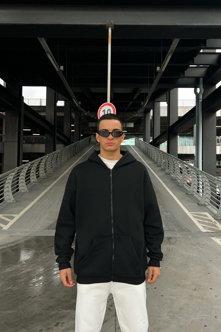 Basic Siyah Oversize Zipper Hoodie
