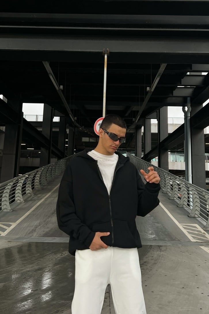 Basic Siyah Oversize Zipper Hoodie
