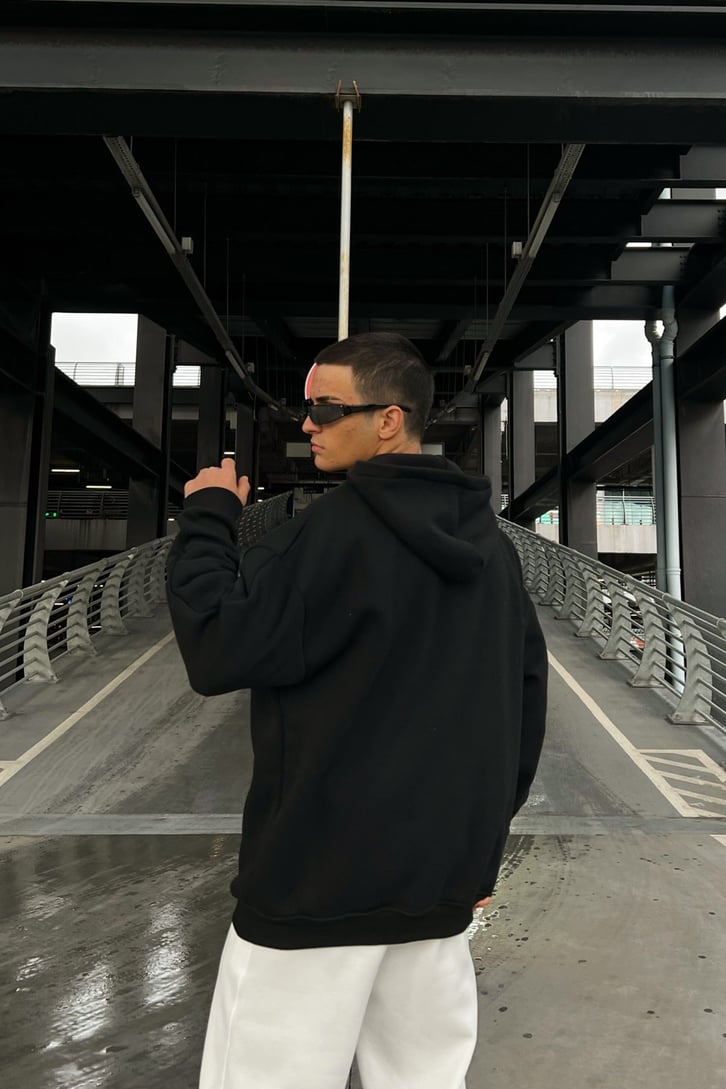 Basic Siyah Oversize Zipper Hoodie