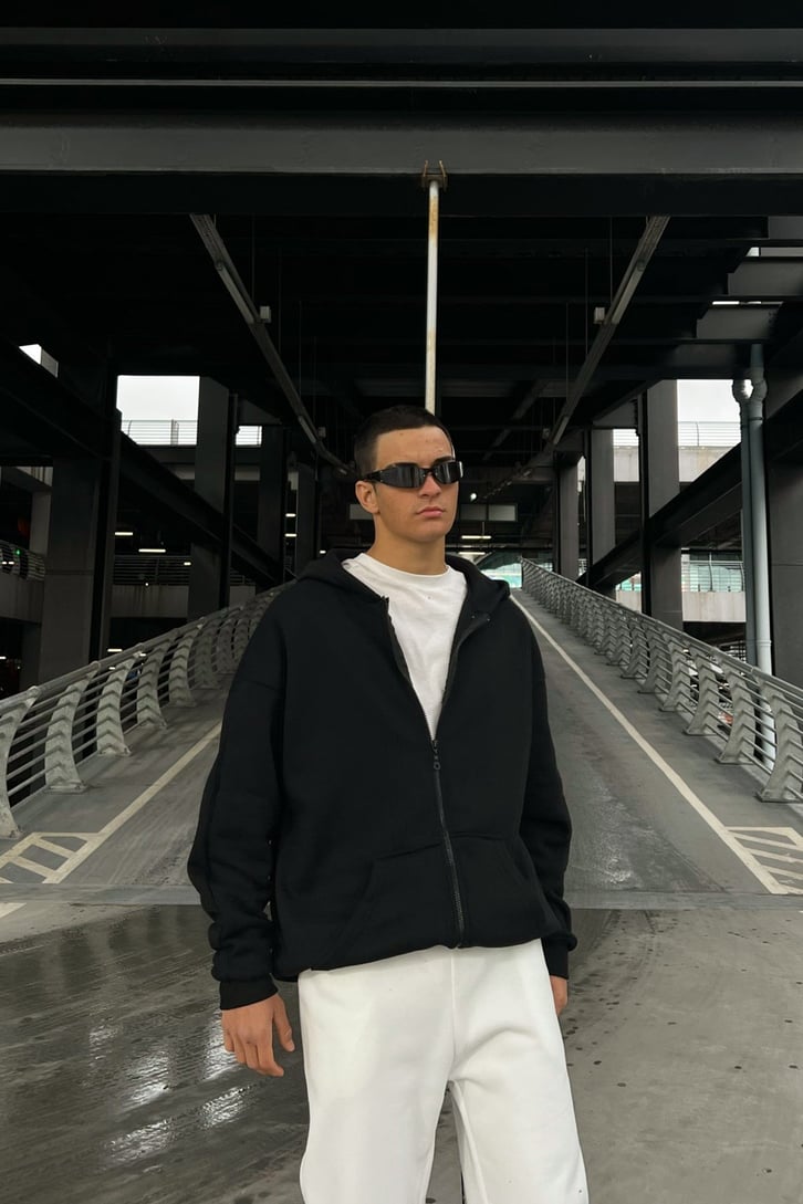 Basic Siyah Oversize Zipper Hoodie