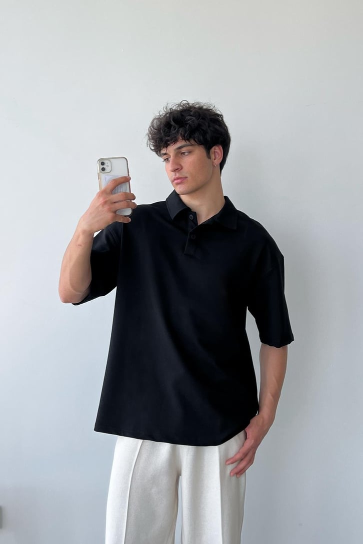 Basic Siyah Polo Yaka Oversize Tişört