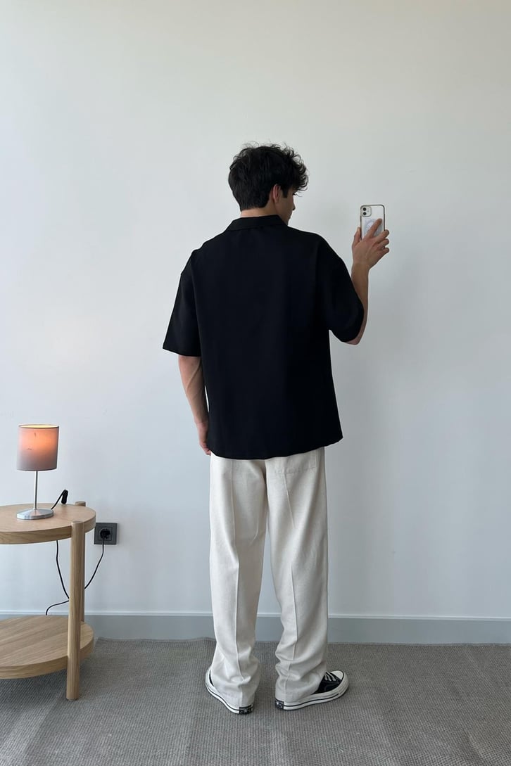 Basic Siyah Polo Yaka Oversize Tişört