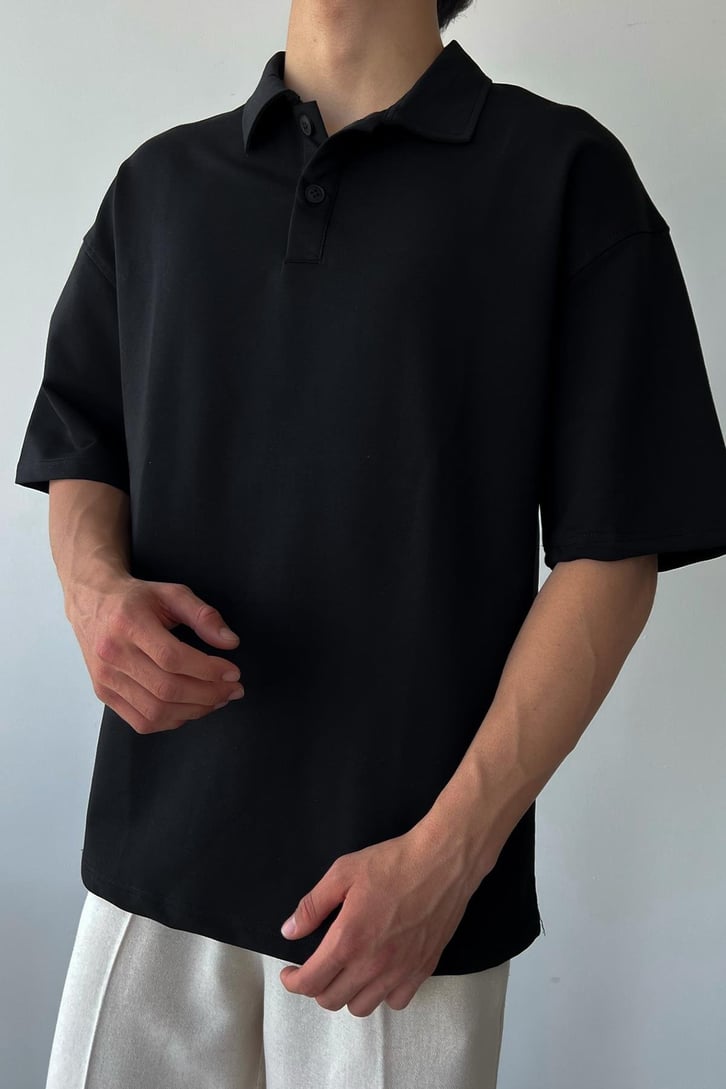 Basic Siyah Polo Yaka Oversize Tişört