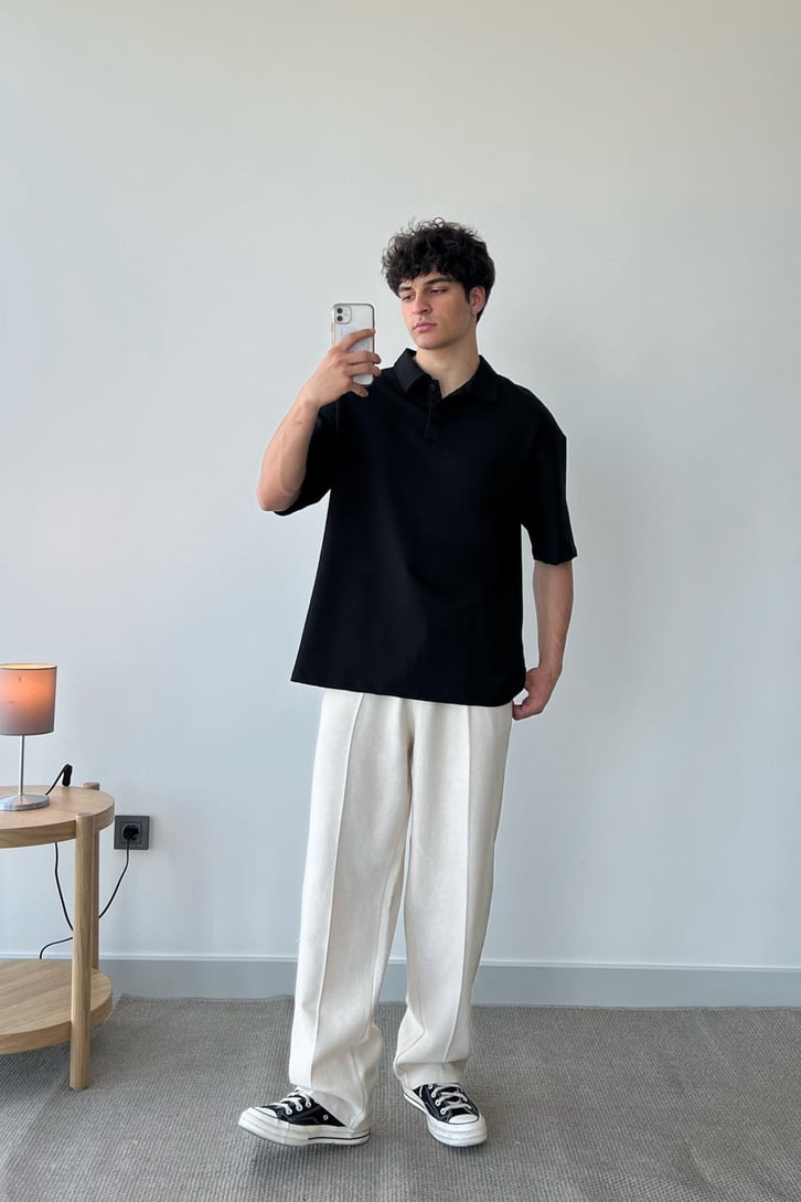 Basic Siyah Polo Yaka Oversize Tişört