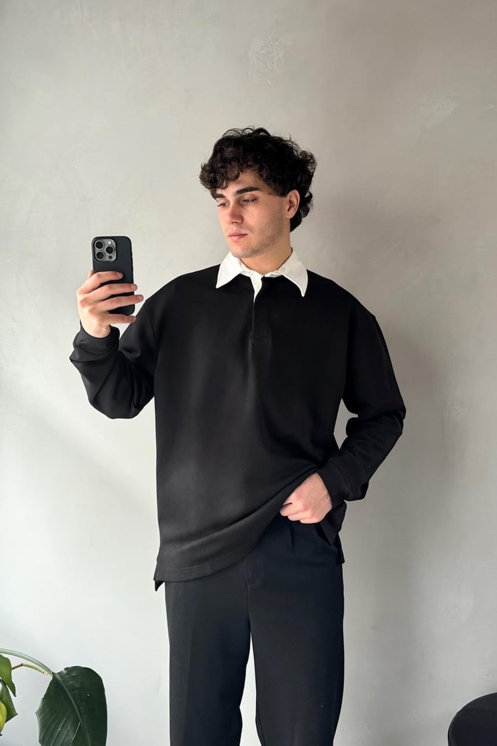 Basic Siyah Polo Yaka Uzun Kol Tişört