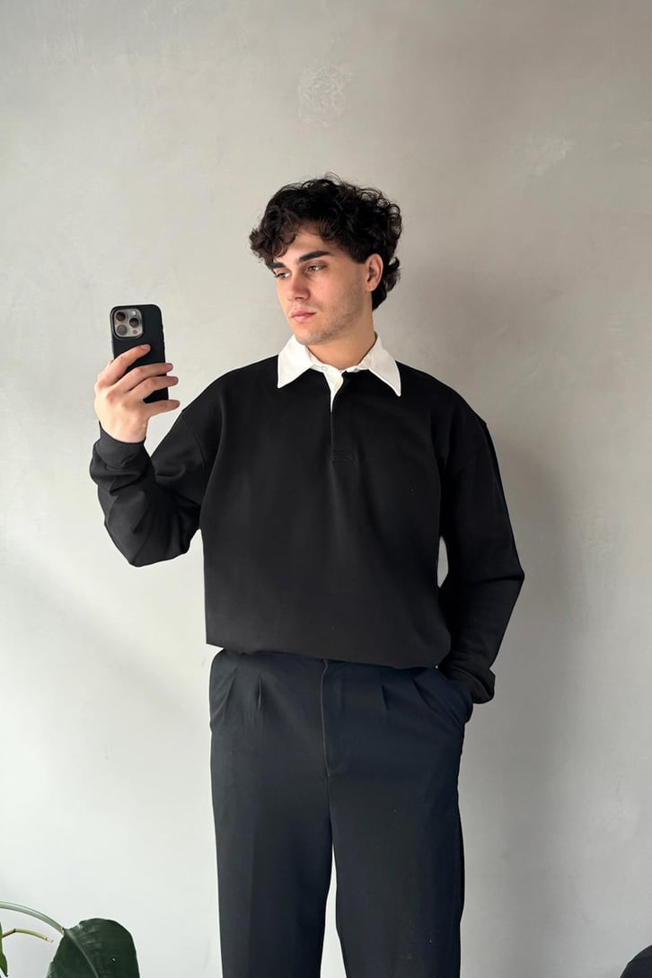 Basic Siyah Polo Yaka Uzun Kol Tişört