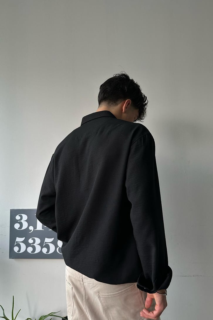 Basic Siyah Uzun Kollu Siyah Oversize Gömlek