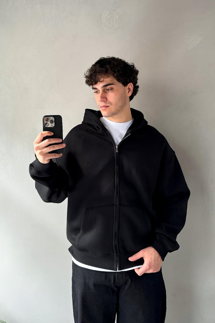 Basic Siyah Zip Hoodie