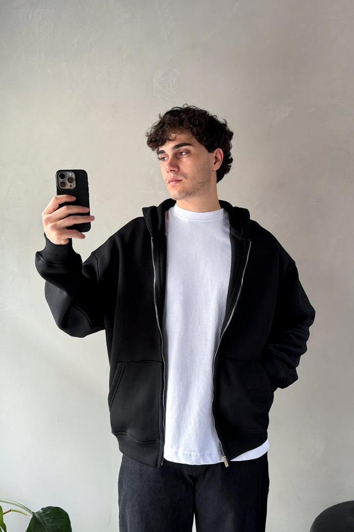Basic Siyah Zip Hoodie