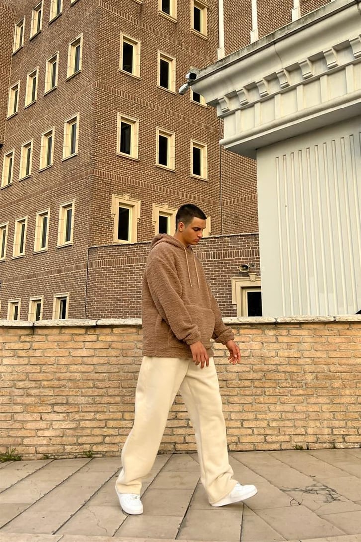 Basic Sütlü Kahve İçi Pamuklu Peluş Hoodie