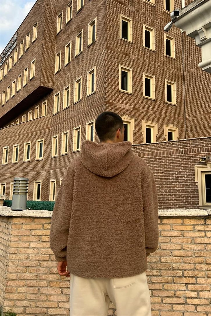 Basic Sütlü Kahve İçi Pamuklu Peluş Hoodie