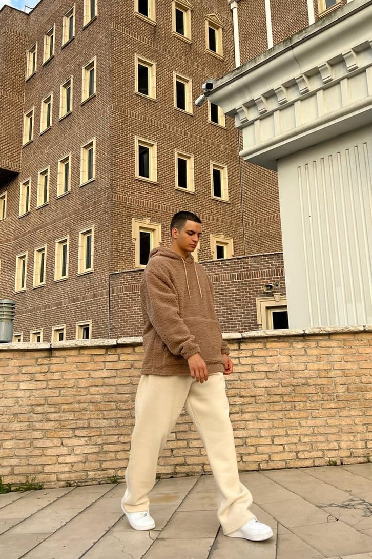 Basic Sütlü Kahve İçi Pamuklu Peluş Hoodie