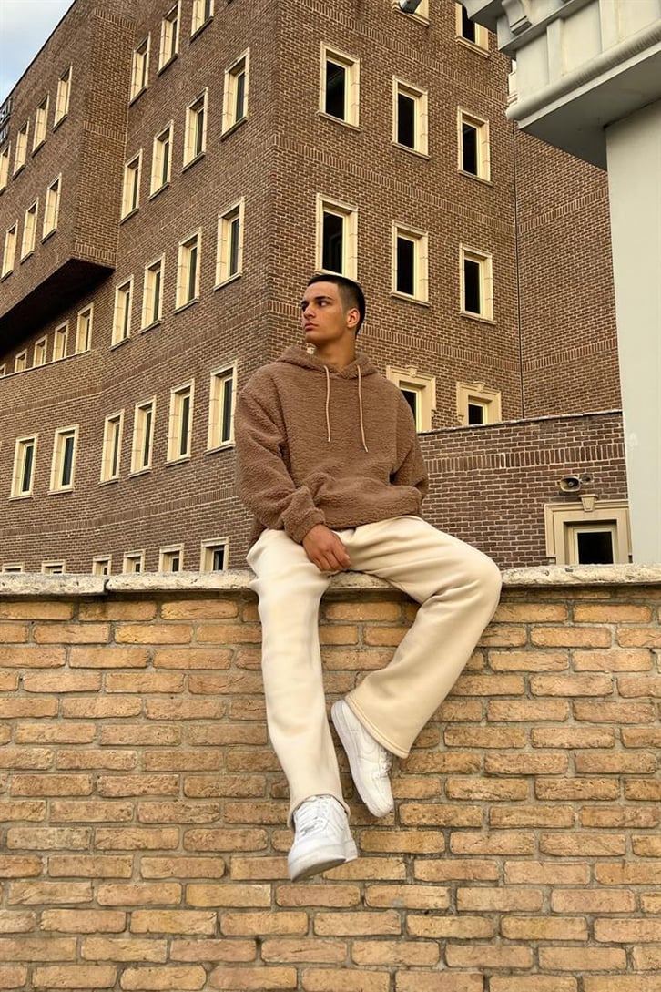 Basic Sütlü Kahve İçi Pamuklu Peluş Hoodie
