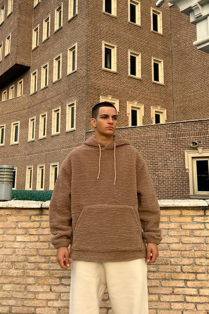 Basic Sütlü Kahve İçi Pamuklu Peluş Hoodie