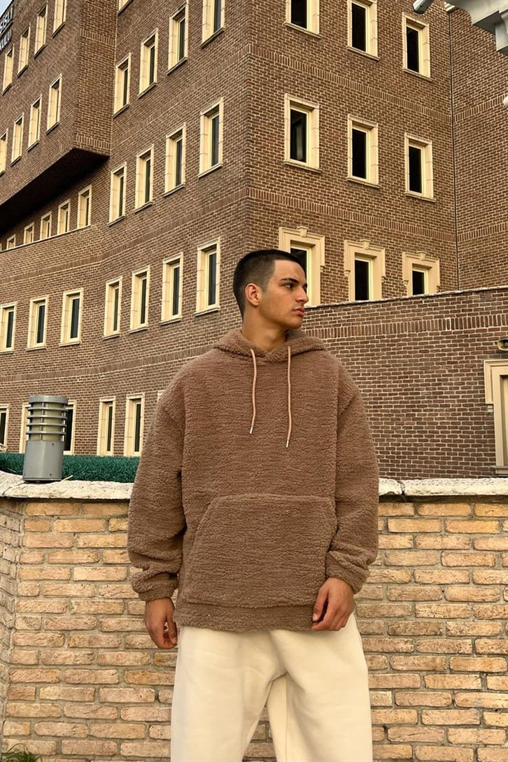 Basic Sütlü Kahve İçi Pamuklu Peluş Hoodie
