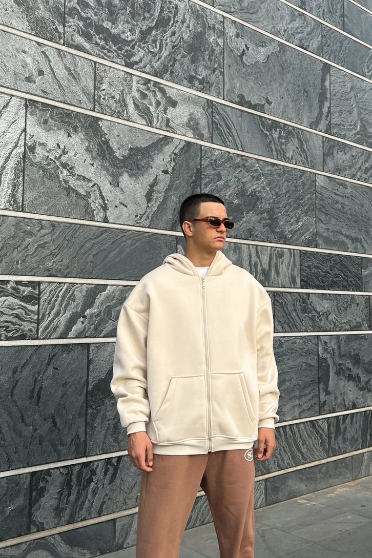 Basic Taş Rengi Oversize Zipper Hoodie