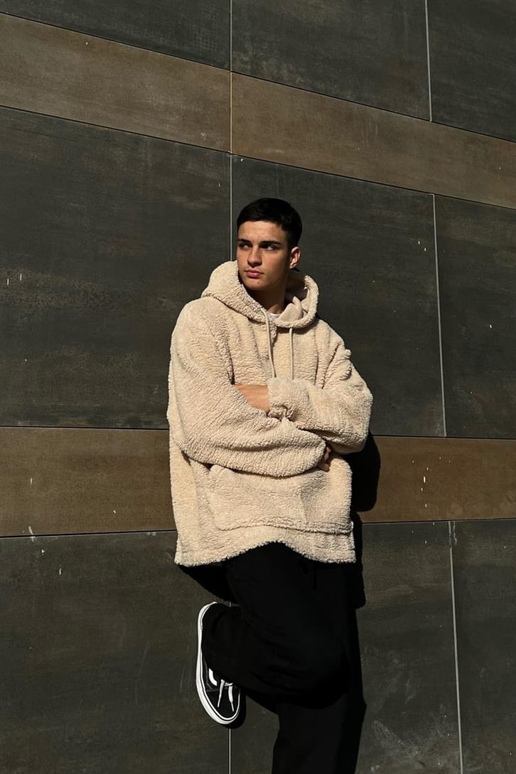 Basic Taş Rengi Peluş Hoodie