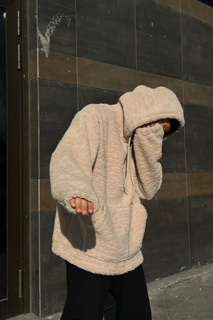 Basic Taş Rengi Peluş Hoodie