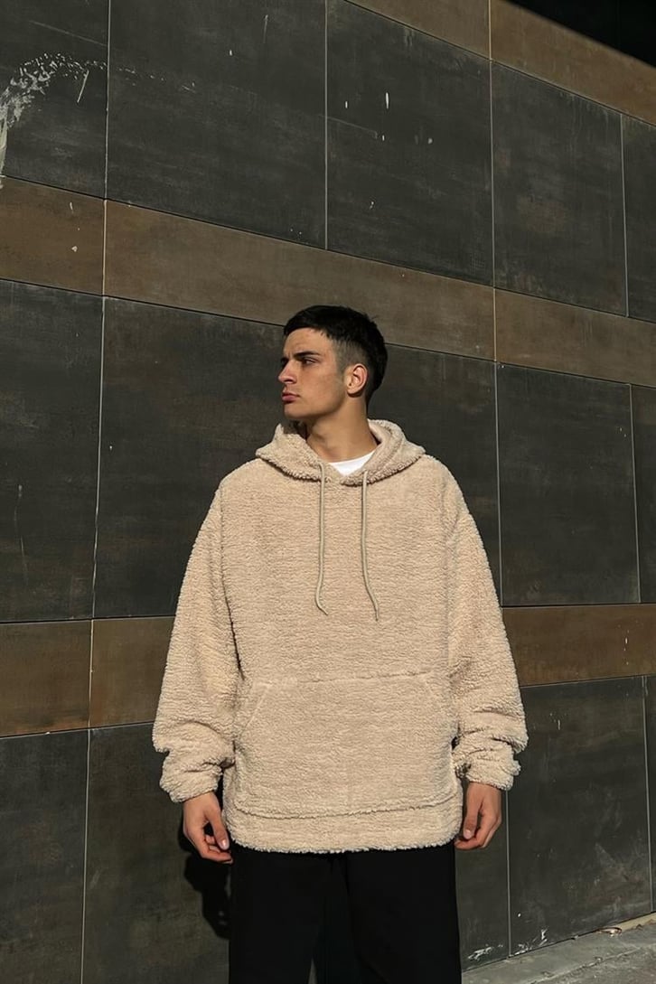 Basic Taş Rengi Peluş Hoodie