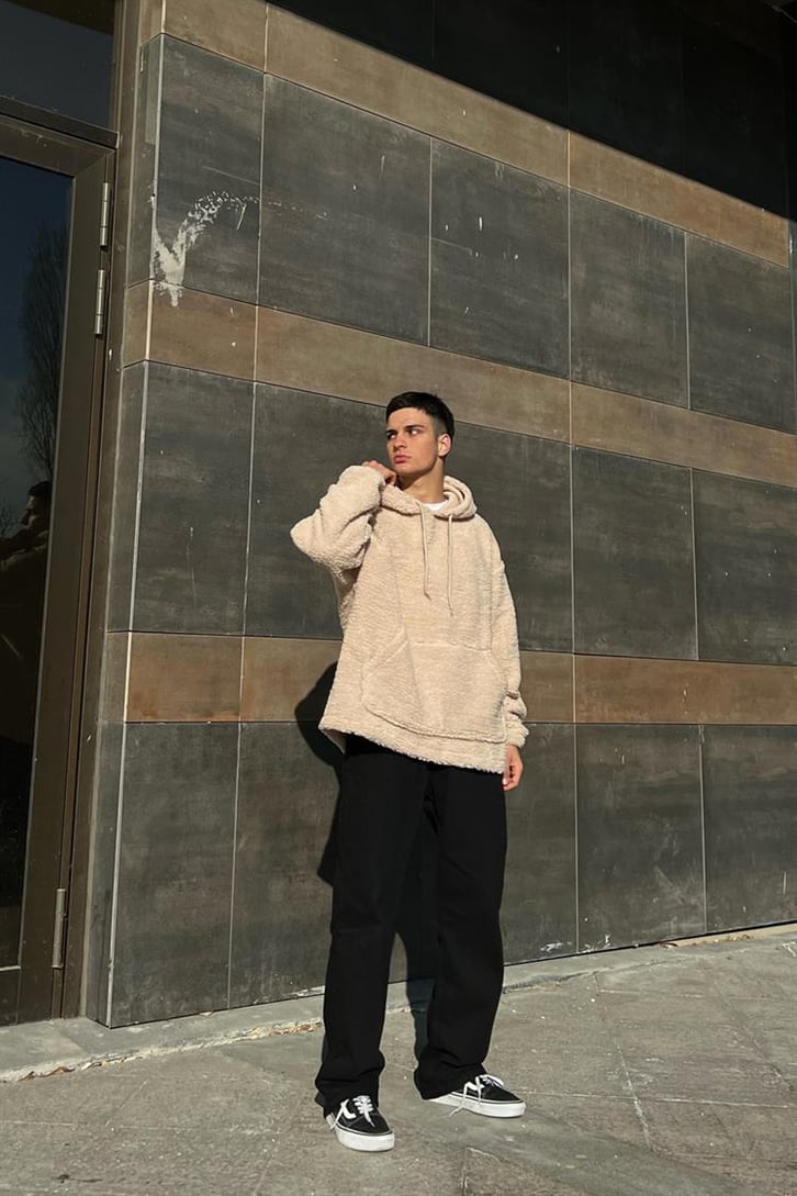 Basic Taş Rengi Peluş Hoodie
