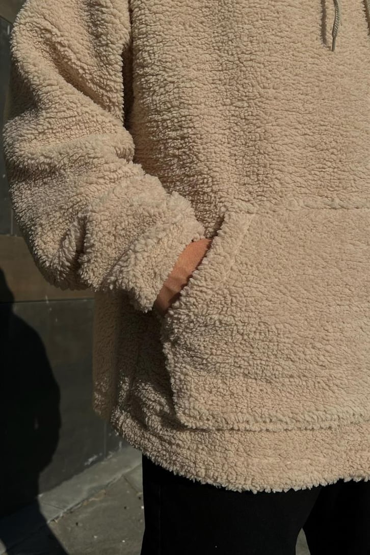 Basic Taş Rengi Peluş Hoodie