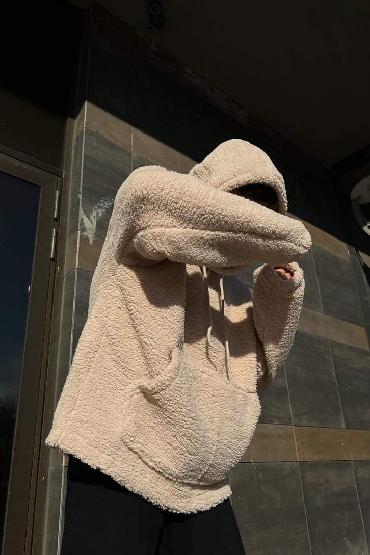 Basic Taş Rengi Peluş Hoodie