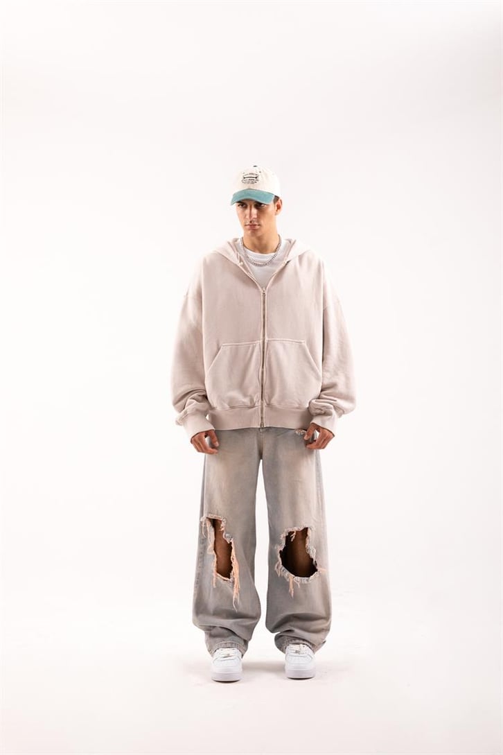 Basic Taş Rengi Zip Hoodie