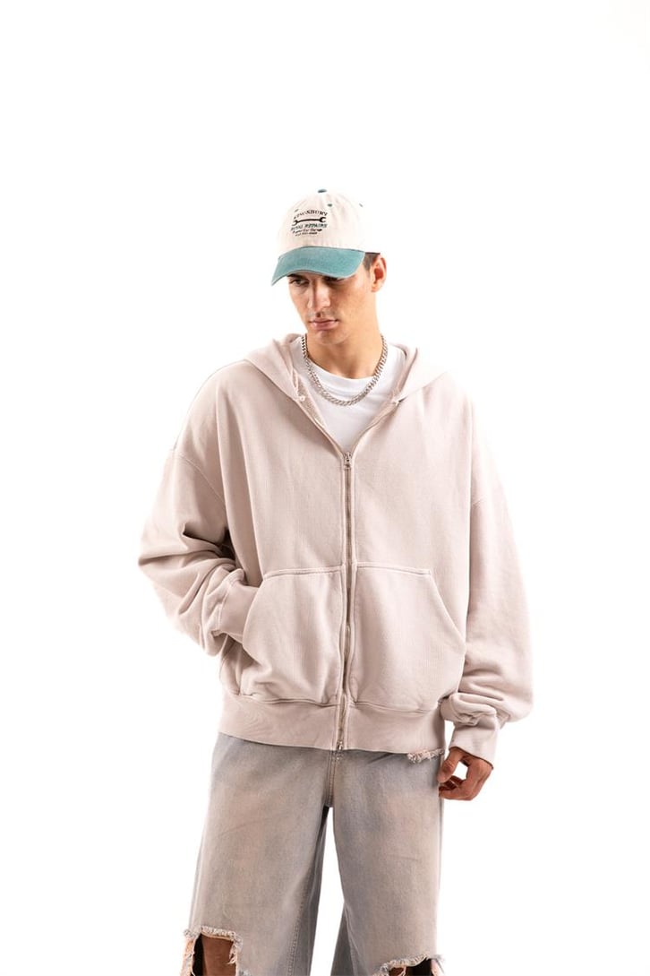 Basic Taş Rengi Zip Hoodie
