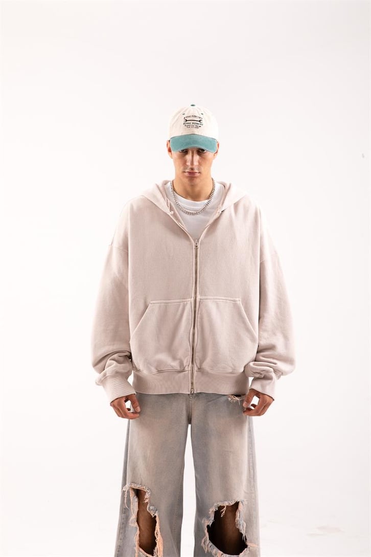 Basic Taş Rengi Zip Hoodie