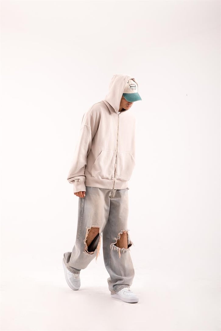 Basic Taş Rengi Zip Hoodie