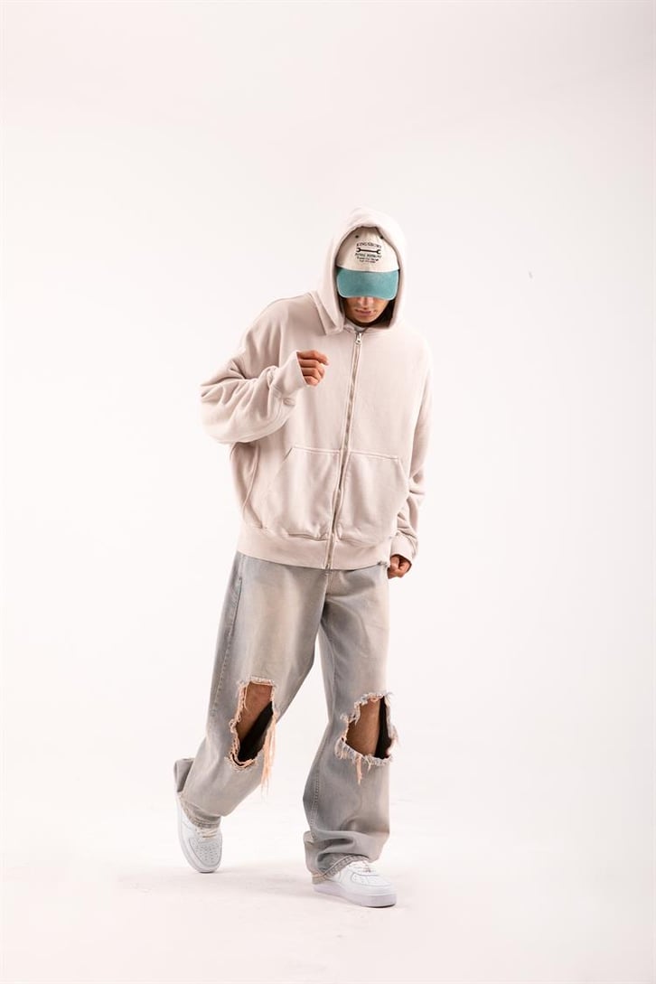 Basic Taş Rengi Zip Hoodie