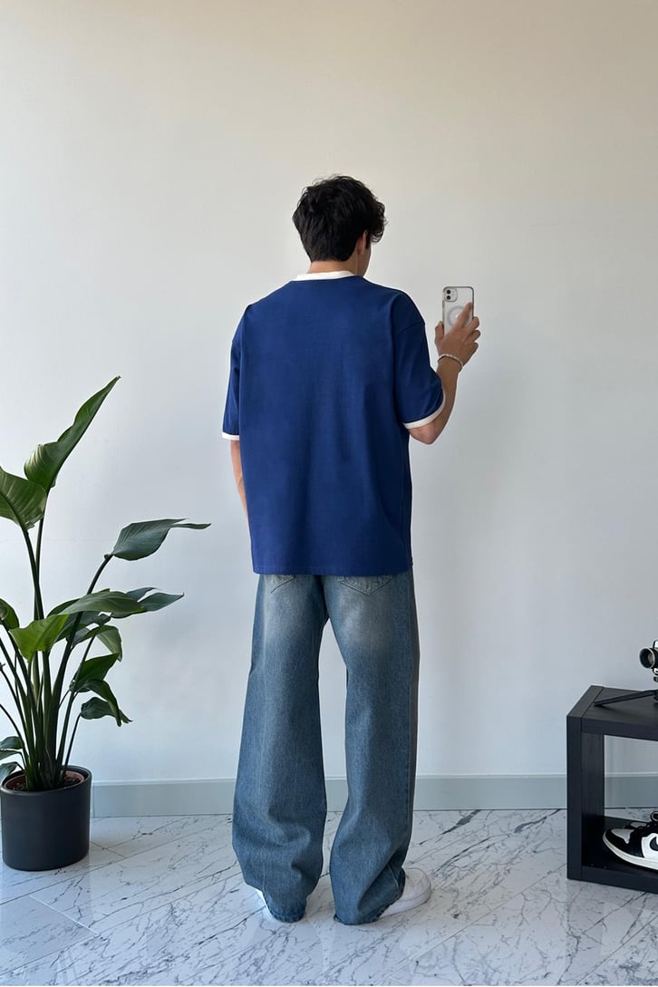 Basic Taşlamalı Koyu Mavi Baggy Jean