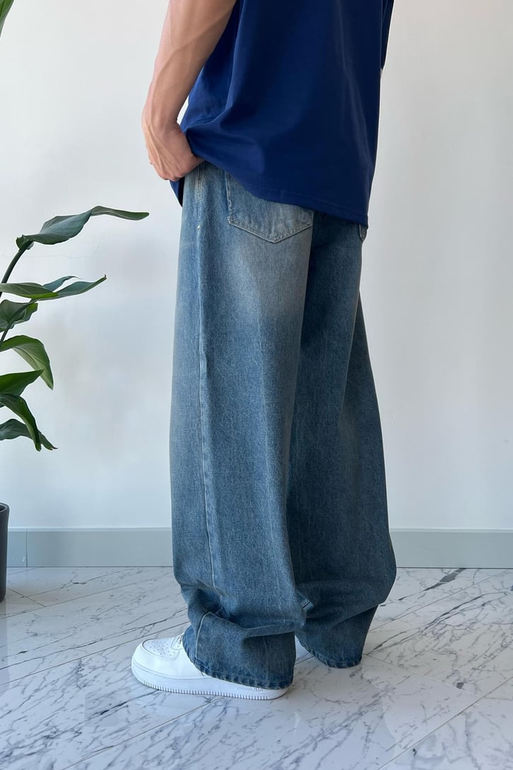 Basic Taşlamalı Koyu Mavi Baggy Jean