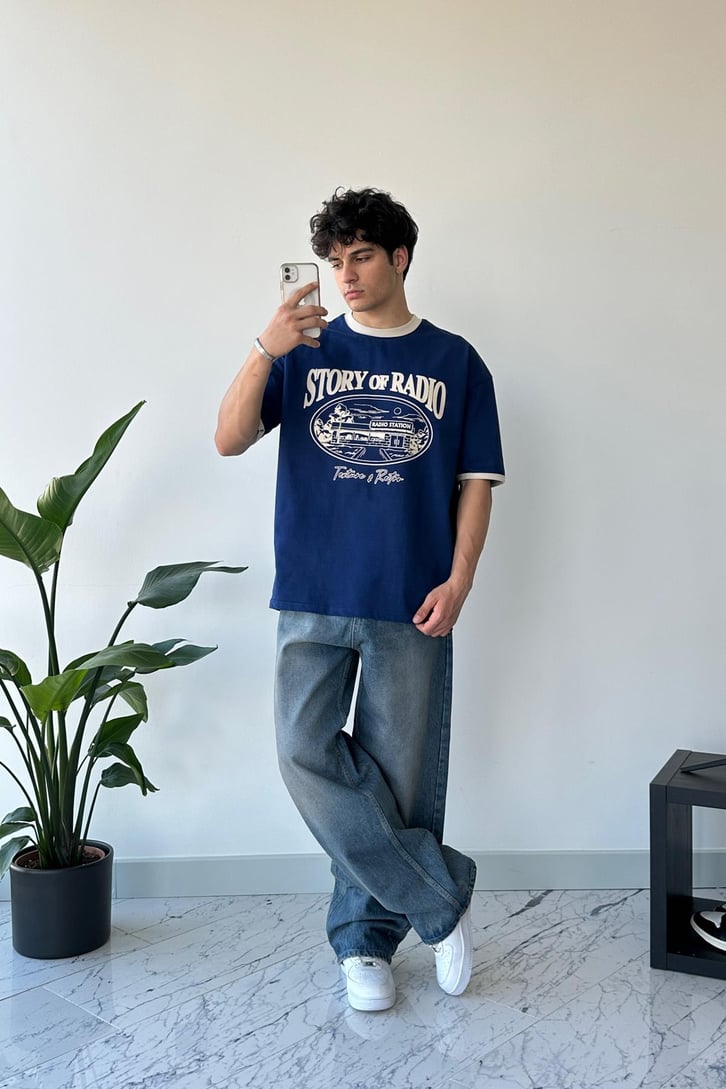 Basic Taşlamalı Koyu Mavi Baggy Jean