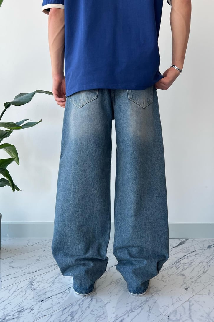 Basic Taşlamalı Koyu Mavi Baggy Jean
