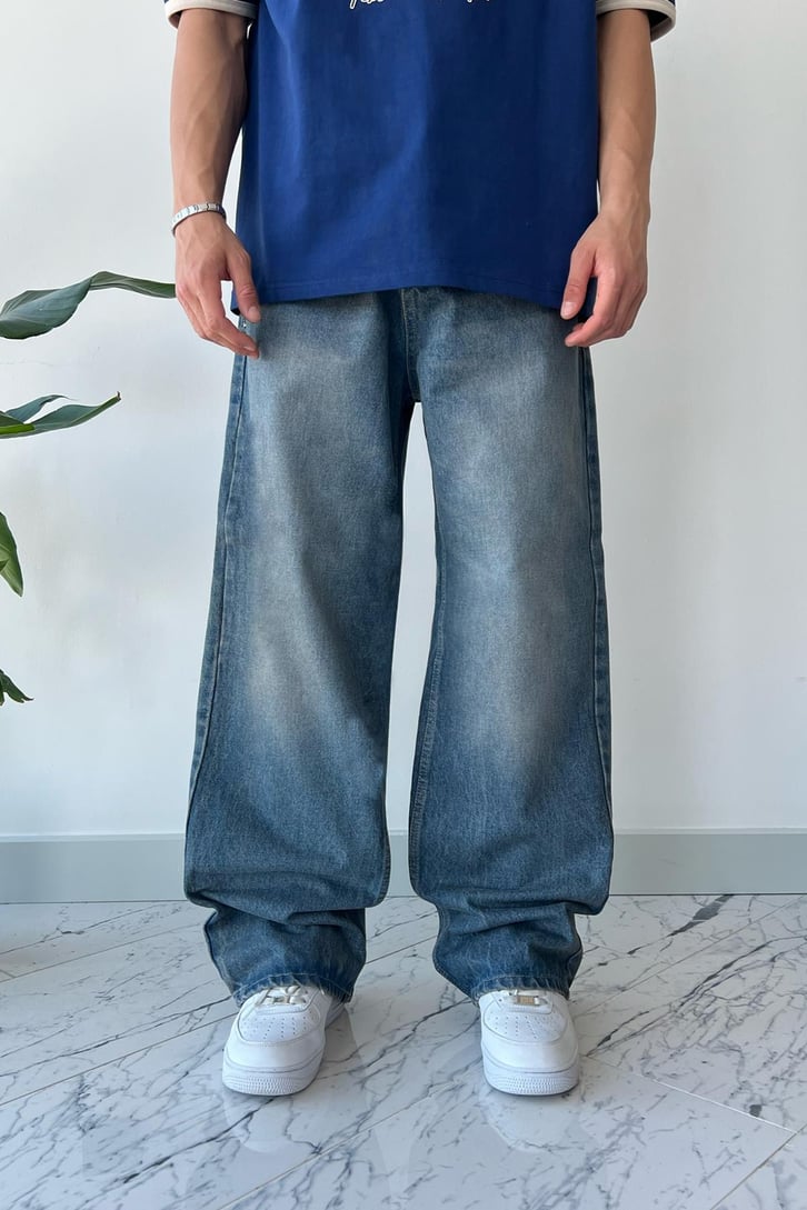 Basic Taşlamalı Koyu Mavi Baggy Jean
