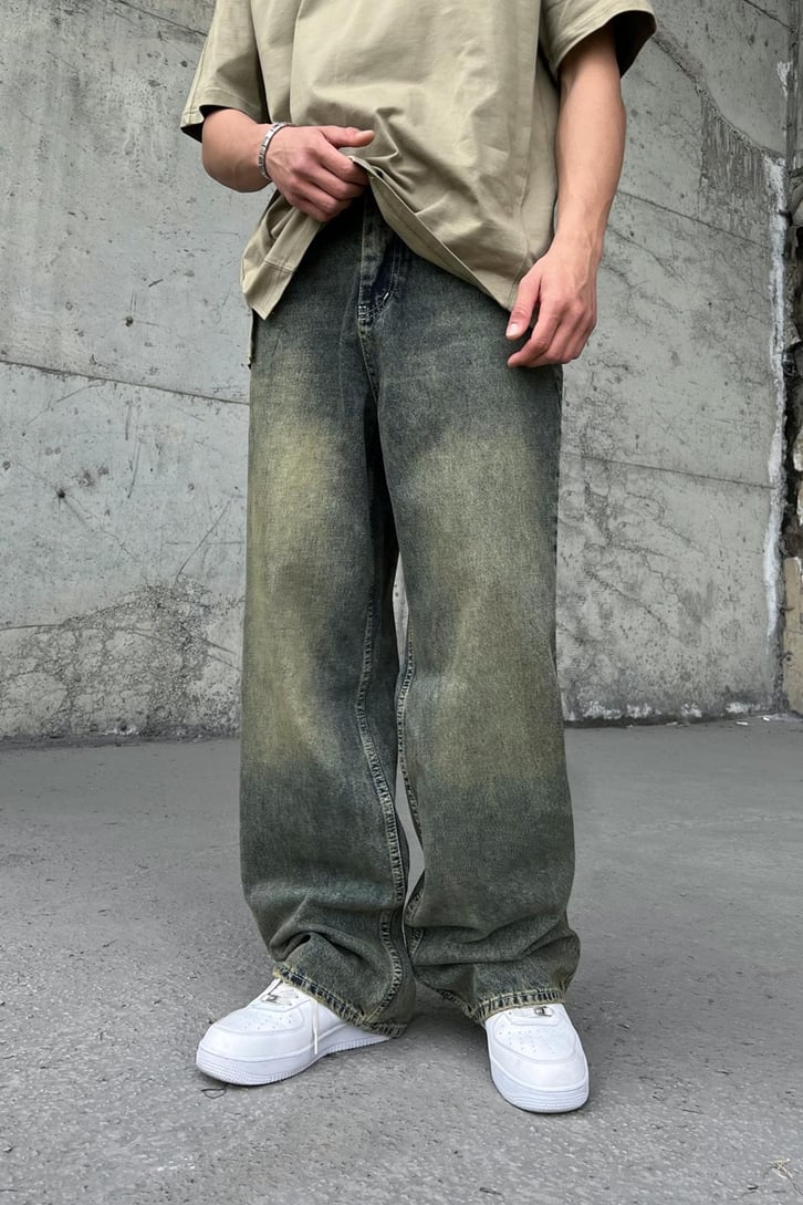 Basic Vintage Green Washed Baggy Jean
