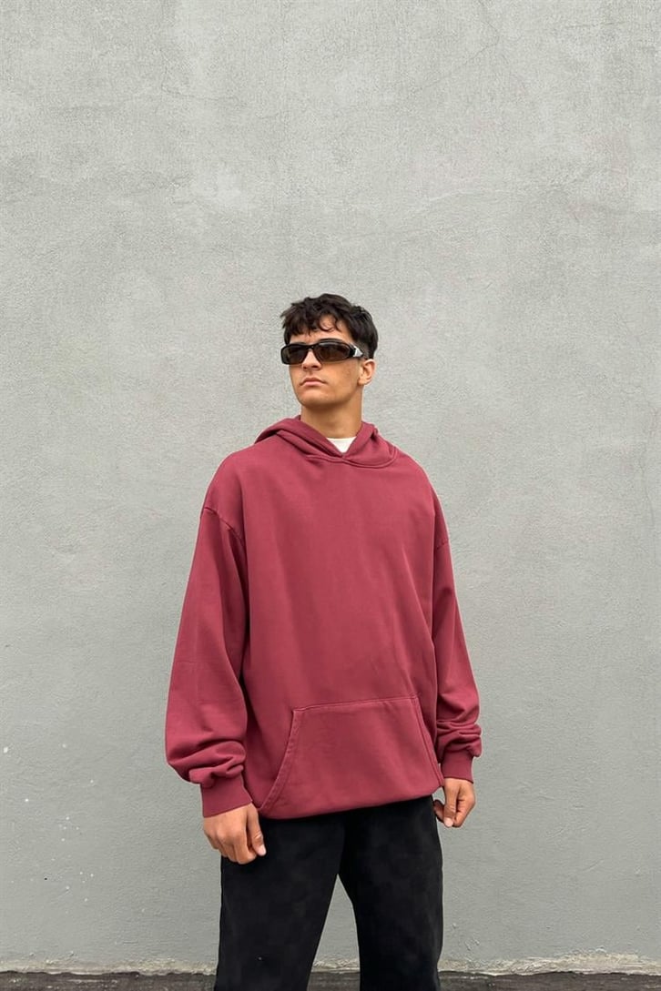 Basic Vişne İçi Pamuklu Oversize Hoodie