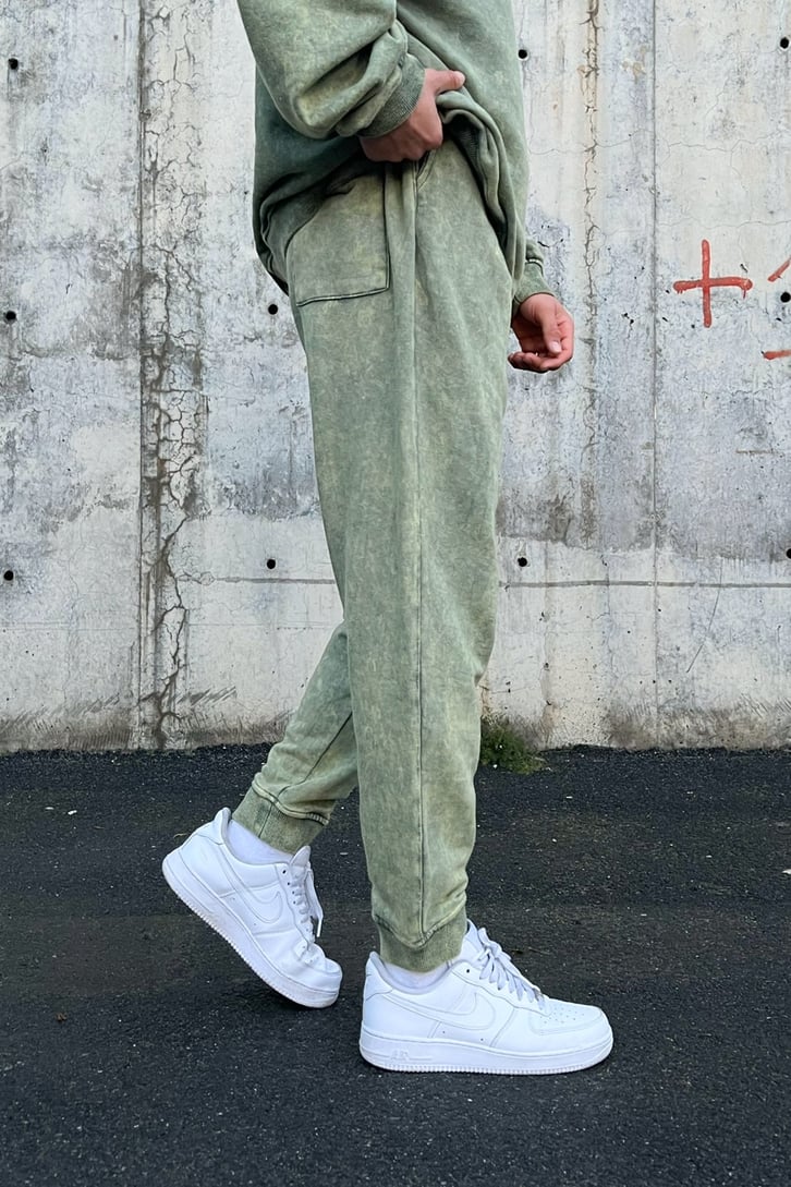 Basic Yeşil Acid Wash Outfit Eşofman Takımı
