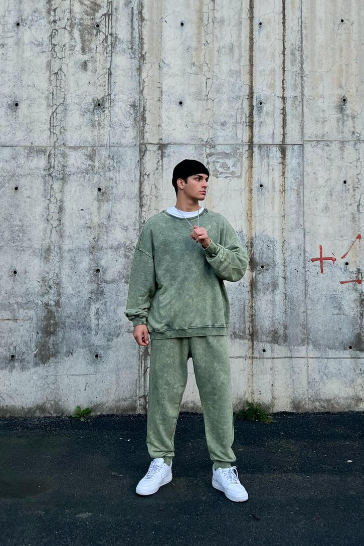 Basic Yeşil Acid Wash Outfit Eşofman Takımı