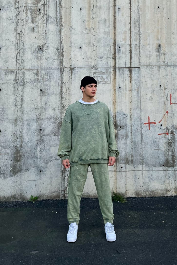Basic Yeşil Acid Wash Outfit Eşofman Takımı